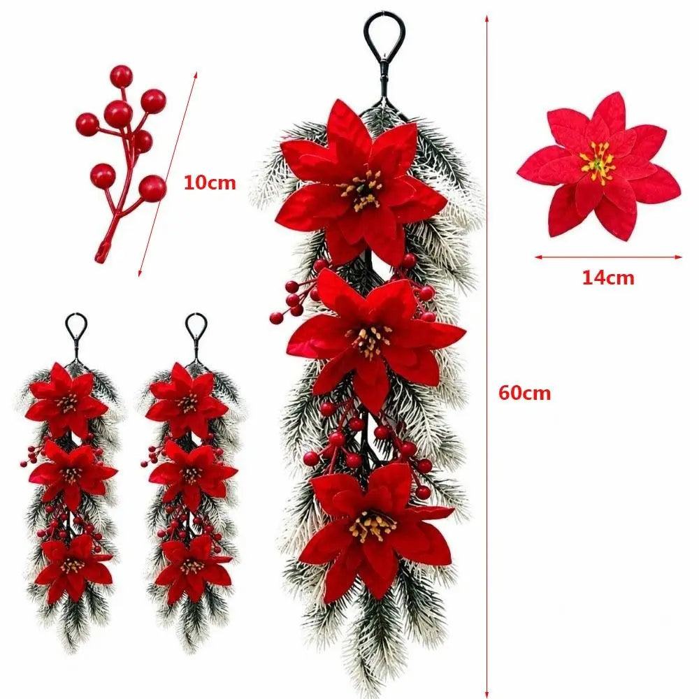 Enfeite é um Arranjo Pendente de Natal Artificial, Flores de Poinsétia Vermelho e Folhagem Pinheiro