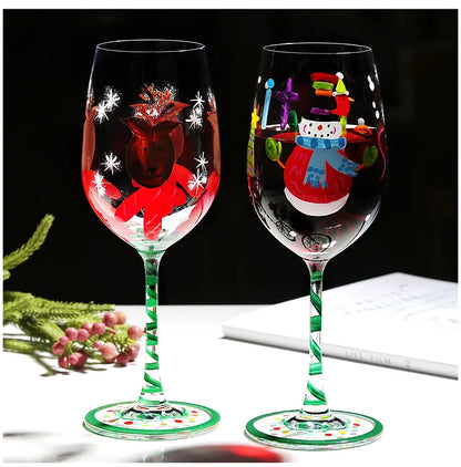 Taça de vinho pintada à mão, gnomos, árvore de Natal, Papai Noel, floco de neve