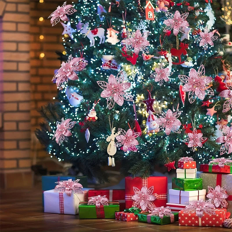 12 peças de flores artificiais de Natal de poinsétia com clipes, enfeites de Natal