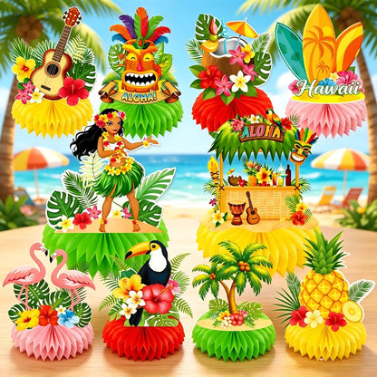 Enfeites de Centro de Mesa com Tema Luau / Festa Havaiana é Feito de Papel com Base em Estilo Favo de Mel