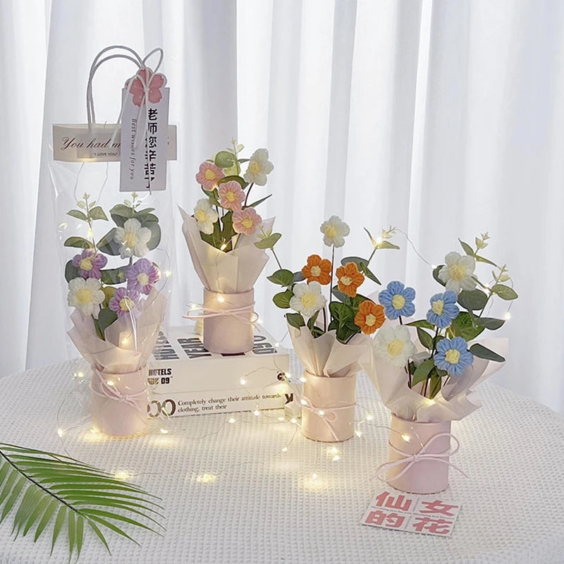 Kit completo de buquê de crochê de LED feito à mão, buquê de crochê, flor folhada falsa