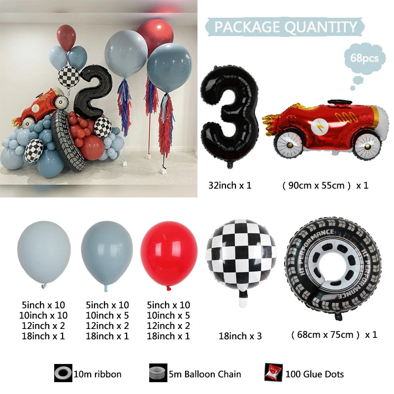 Kit Festa Hot Wheels 68 balões metalizados quadriculados vermelhos e brancos em formato