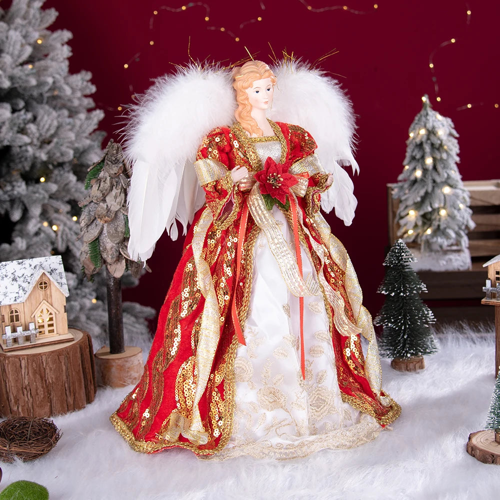 Enfeite de árvore de anjo de Natal asas douradas, elegante estatueta anjo vestido verde