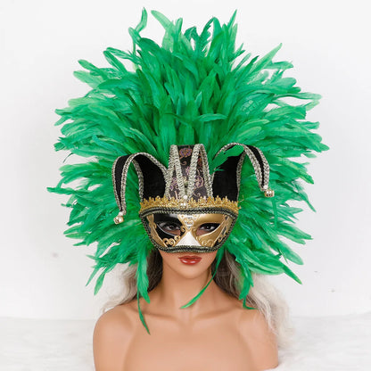 Máscara Veneziana Arlequim com Penacho de Plumas Pretas (Máscara de Bobo da Corte / Carnaval Veneziano)