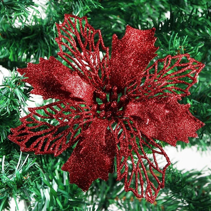 10 Peças de flores artificiais de poinsétia com glitter de Natal, decorações de flores