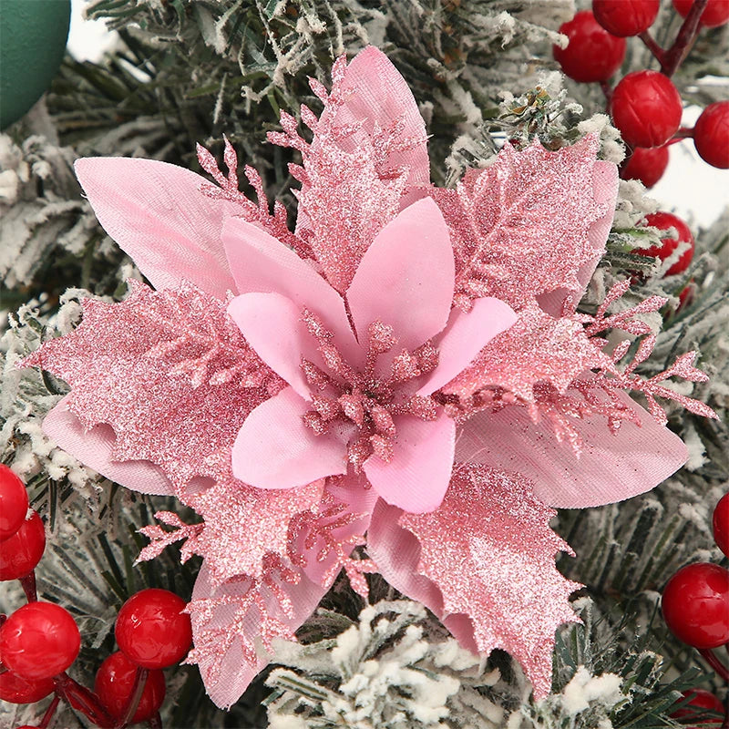 Flor de 5/10 Peças Poinsétia Artificial com Glitter e Enfeites de Natal para shopping