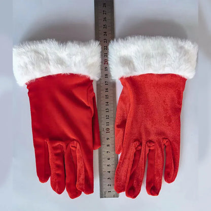 Luva de Natal para Fantasia Papai Noel Veludo com Pelo Branco, Par de Luvas Papai Noel Luxo Aveludada