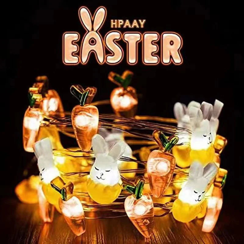 Cordão de Coelho LED Luzes de Páscoa, decorações de primavera de ovo coelho e cenoura