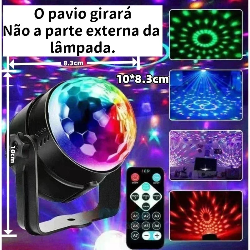 Mini Globo de Luz LED RGB Bola Maluca Iluminação Festa Natalino Som e Controle Remoto