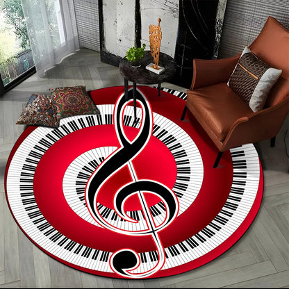 Tapete Redondo Antiderrapante com Estampa Colorida Teclas de Piano e Símbolos 150cm