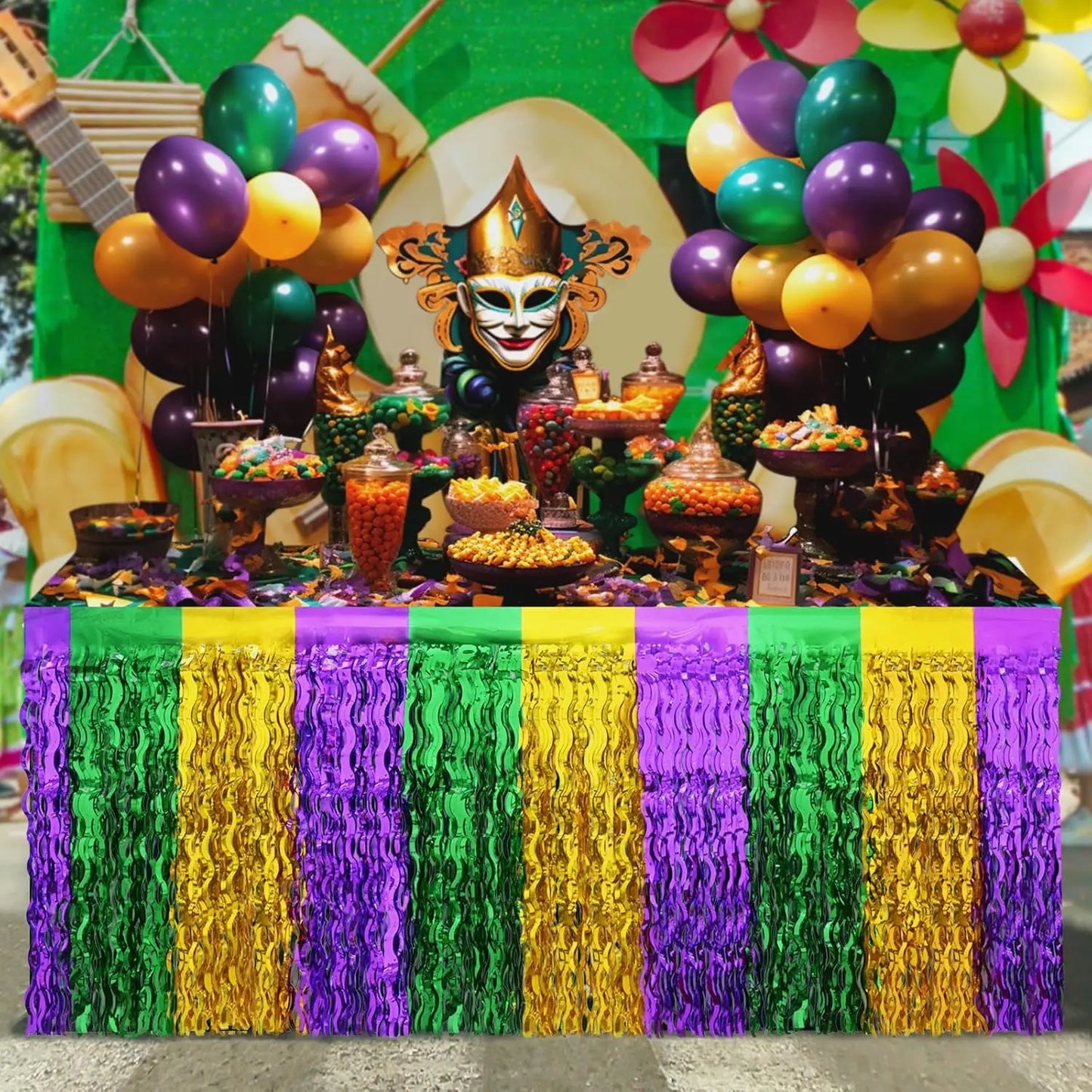 kit Carnaval Pacote com 1 saias de mesa com franjas metálicas Carnaval de 29,5 x 182 cm