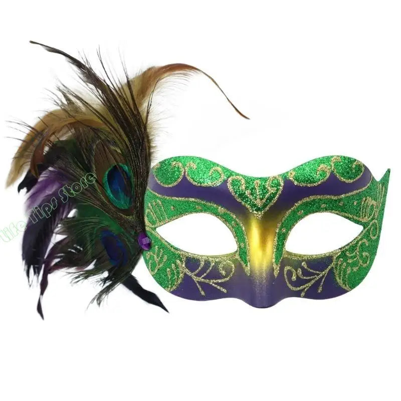 Máscara de Baile de Carnaval Estilo Veneziano Carnaval Enfeitada com Glitter nas Cores Verde, Dourado e Roxo