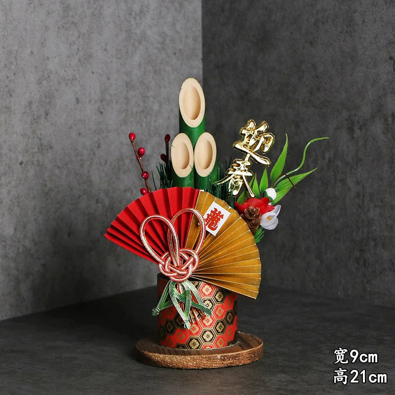 Vaso Três Tubos Leque Dourado com Placa de Madeira, Adorno de Mesa de Ano Novo Japonês (Kadomatsu)
