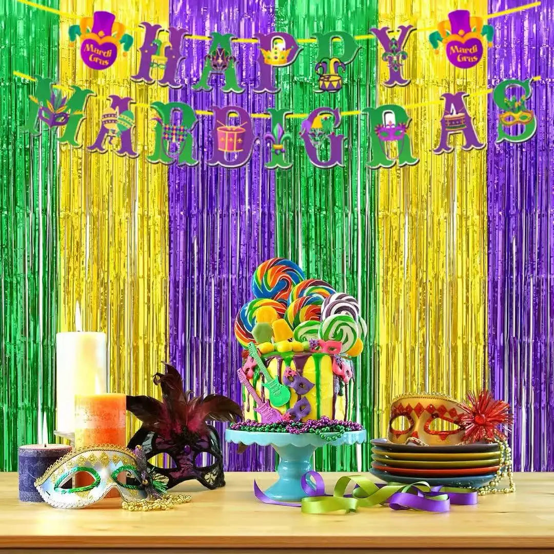 Cortinas Metalizadas Franjas  Conjunto Inclui Cortinas nas Cores Roxo, Dourado e Verde Tradicionais Carnaval