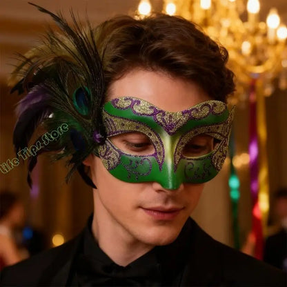 Máscara de Baile de Carnaval Estilo Veneziano Carnaval Enfeitada com Glitter nas Cores Verde, Dourado e Roxo