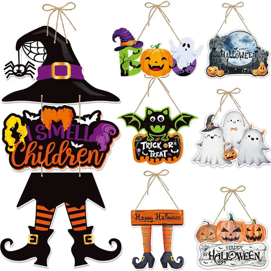 Decoração de parede, decoração de Halloween, placa pendurar tecido, doces travessuras