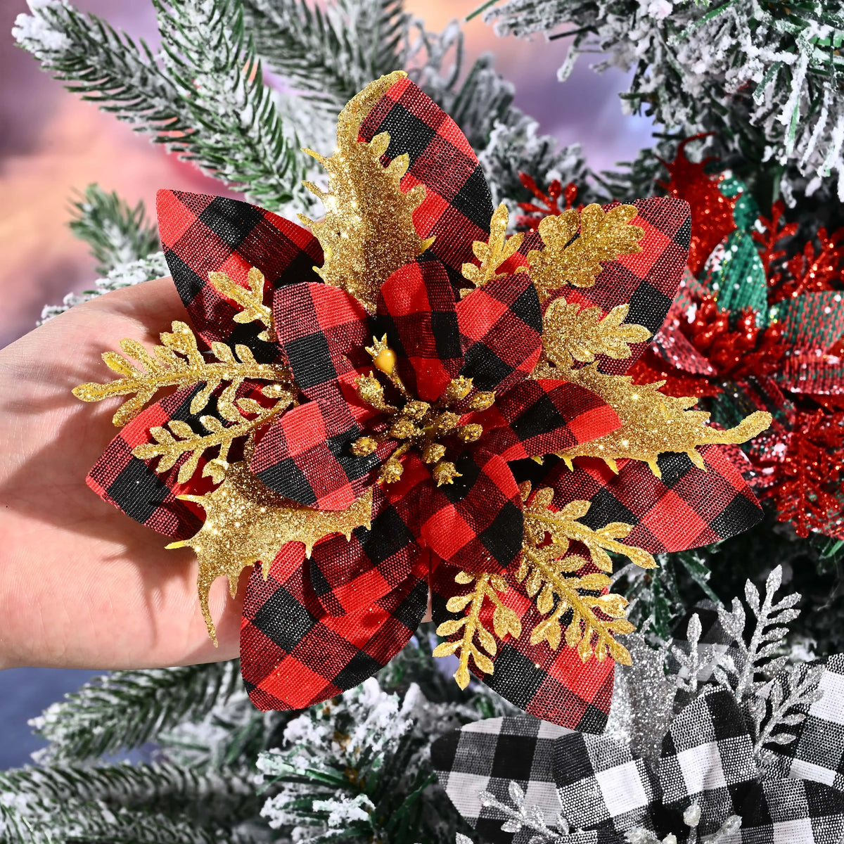 Flor de Poinsétia Artificial Xadrez para decoração de Natal, Tamanho: Cerca de 14 cm a 14,5 cm de largura.