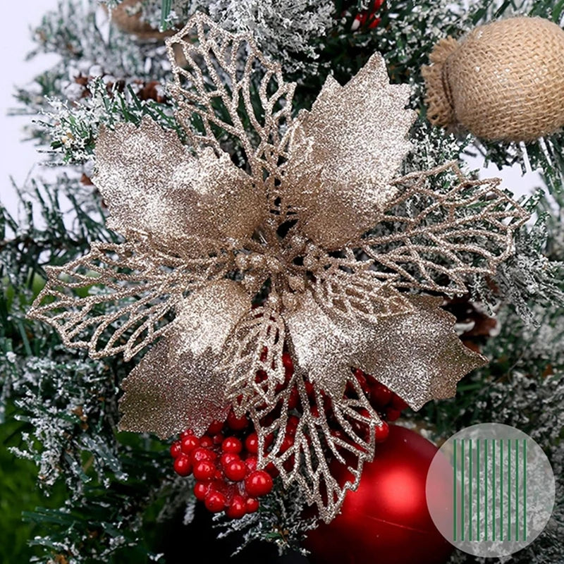 10 Peças de flores artificiais de poinsétia com glitter de Natal, decorações de flores