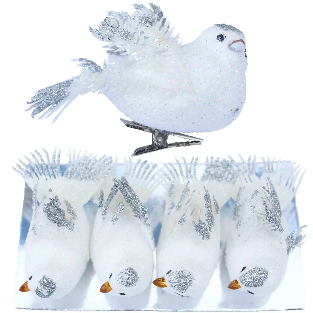 Kit 4 Decoração Natal Presilha Pássaro Branco com Glitter Pássaro Branco Árvore de Natal