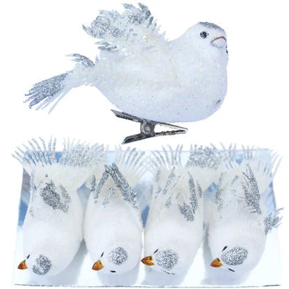 Kit 4 Decoração Natal Presilha Pássaro Branco com Glitter Pássaro Branco Árvore de Natal