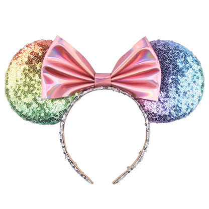 Tiara de orelhas de Disney iluminada de luxo com laço piscante e estampa de bolinhas