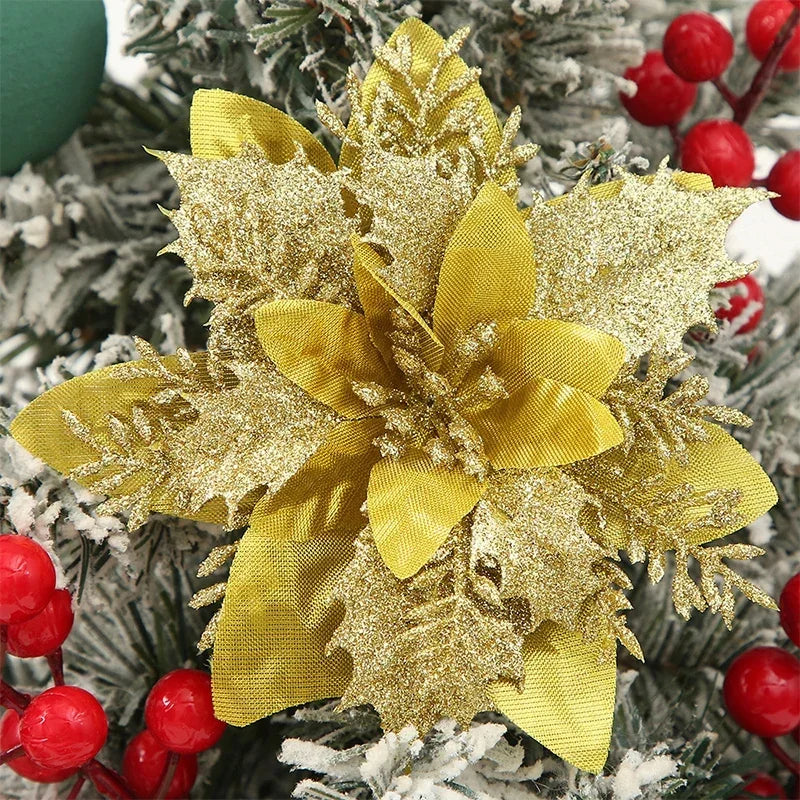 Flor de 5/10 Peças Poinsétia Artificial com Glitter e Enfeites de Natal para shopping