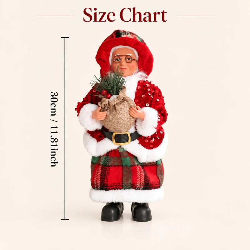 Mamãe Noel Decorativa de Mesa 30cm Roupas Xadrez e Saco Presentes, Enfeite de Natal Luxo 30cm Natalina