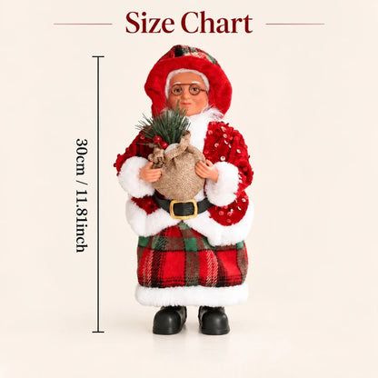 Mamãe Noel Decorativa de Mesa 30cm Roupas Xadrez e Saco Presentes, Enfeite de Natal Luxo 30cm Natalina