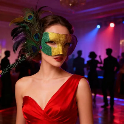 Máscara de Baile de Carnaval Estilo Veneziano Carnaval Enfeitada com Glitter nas Cores Verde, Dourado e Roxo