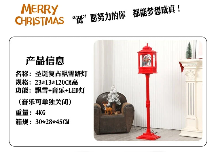 Poste Natalino Musical com Neve Artificial, 1.2 metros, Iluminação LED,  Músicas e 38cm