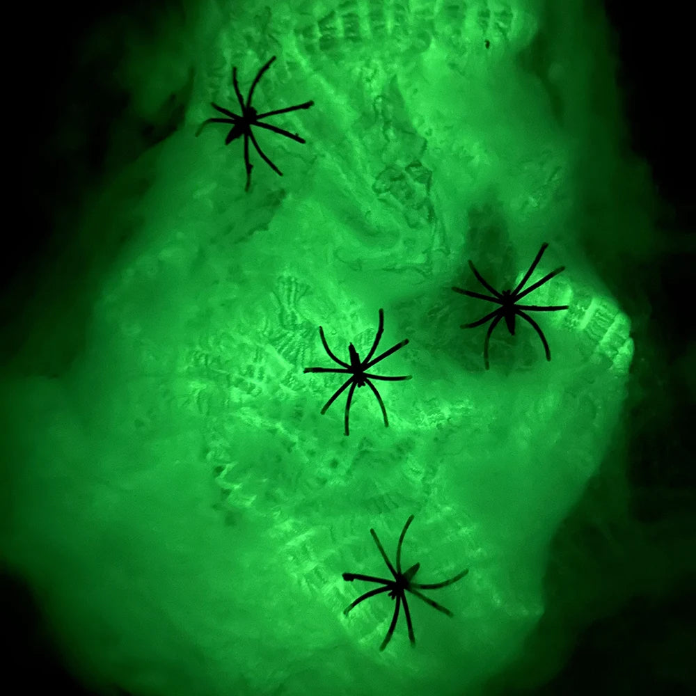 Teia aranha fluorescente de Halloween, teia de aranha macia, cena assustadora, adereços