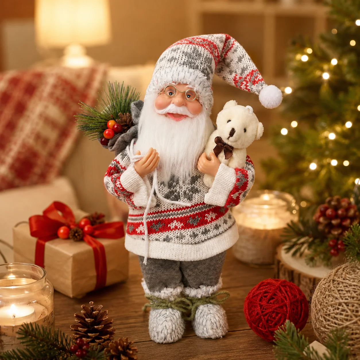Papai Noel de Urso (Vermelho e Cinza) Enfeite de Natal Papai Noel Pé, Decoração Plástico