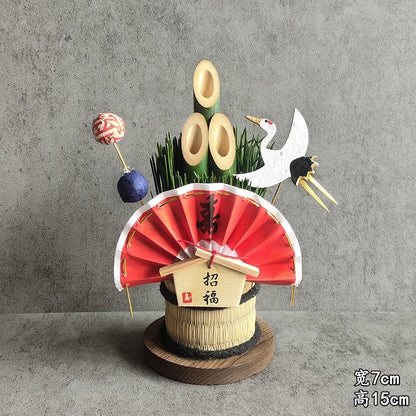 Vaso Três Tubos Leque Dourado com Placa de Madeira, Adorno de Mesa de Ano Novo Japonês (Kadomatsu)