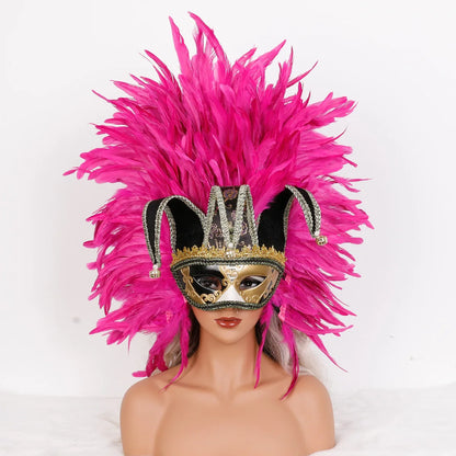 Máscara Veneziana Arlequim com Penacho de Plumas Pretas (Máscara de Bobo da Corte / Carnaval Veneziano)