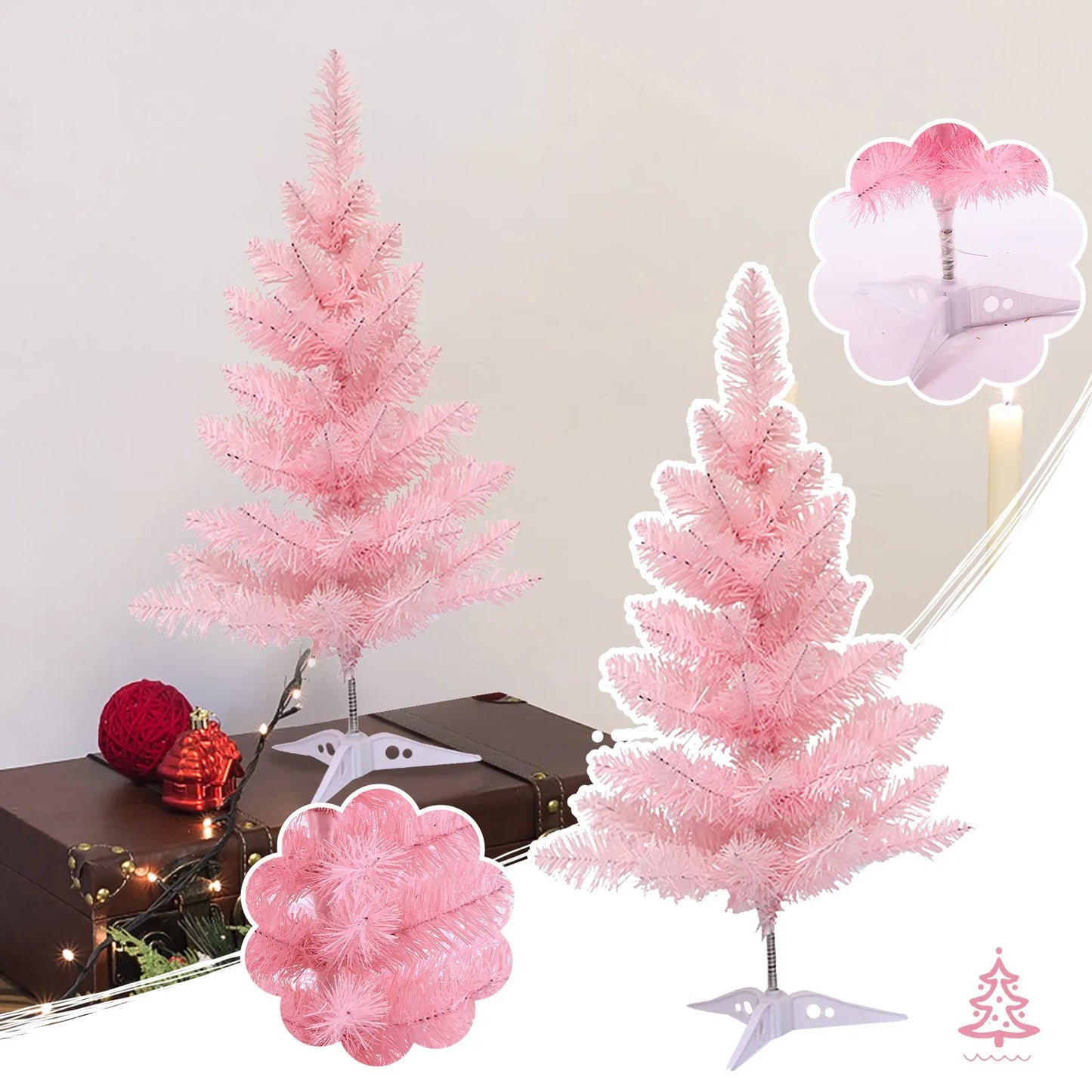 Árvore de Natal Rosa Mini Árvore de Natal de 1,6 m, Pontas de Ramo de PVC, Rosa Cerejeira