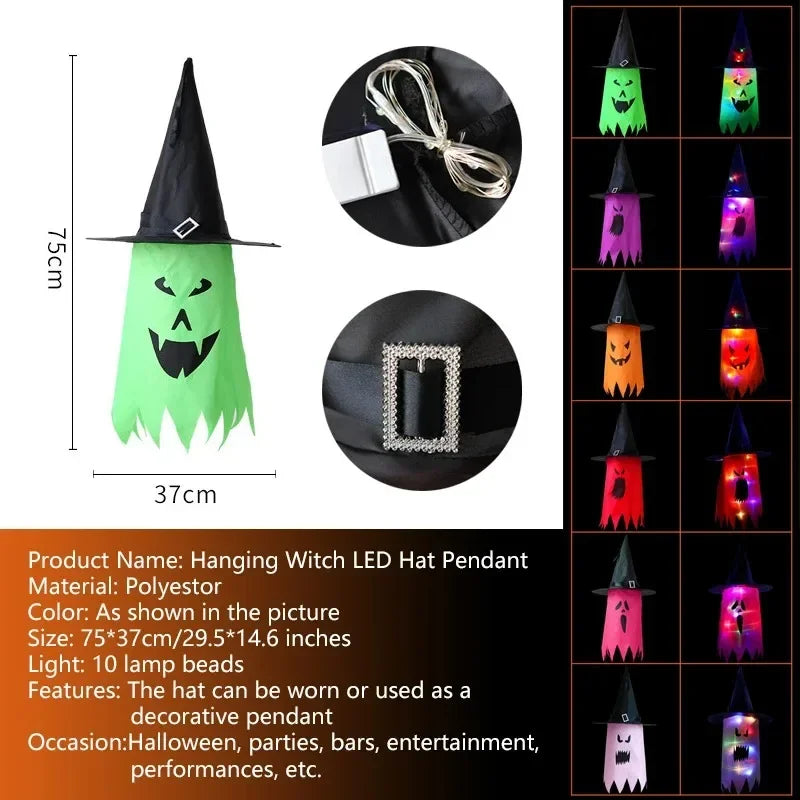 10 Peças de decoração suspensa de Halloween, chapéus de bruxa fantasma iluminados