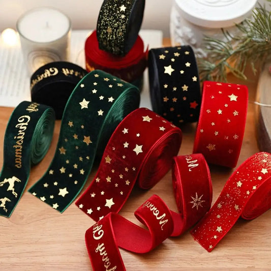 Fita de Natal de Veludo com Estampa de Estrela de Cetim e Seda de 2.5cm*5 Metros