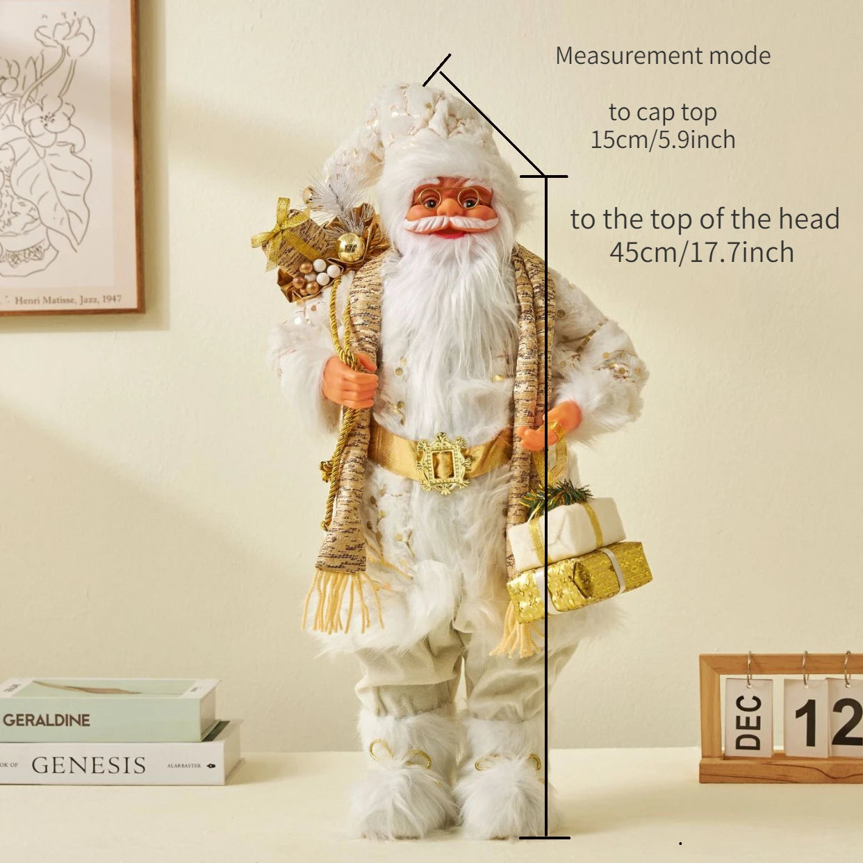 Coleção Colina dos Ventos 16 polegadas em pé branco e dourado Ho Papai Noel decoração