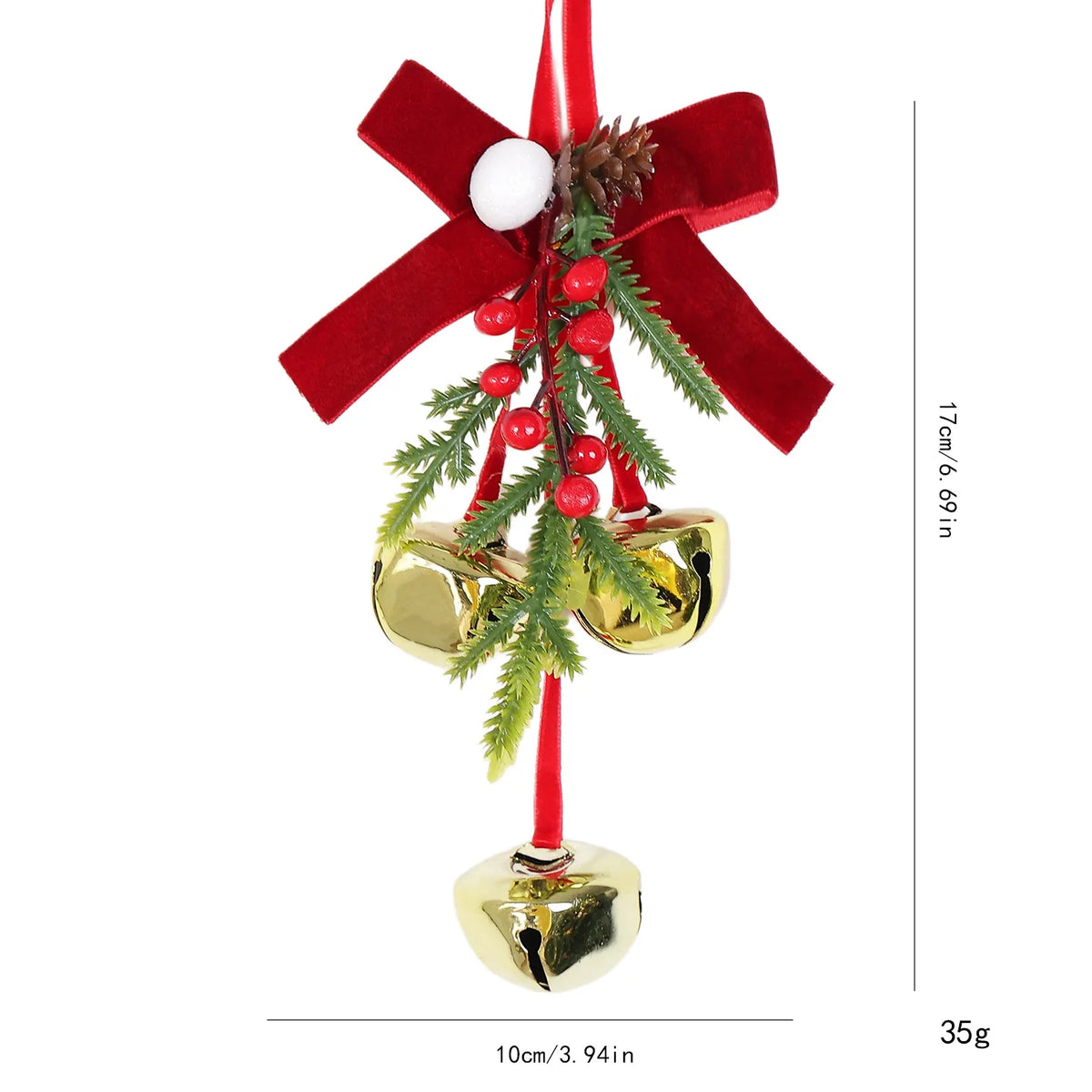 Sino de Natal com Bagas e Pinha, Enfeite Natalino de Pendurar com Laços e Bolas/Sinos