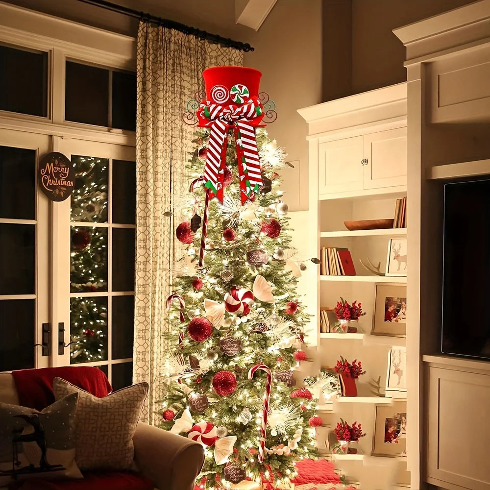 Ponteira Decorativa Árvore de Natal, Enfeite de Árvore Natalina Chapéu Vermelho com Bengalas