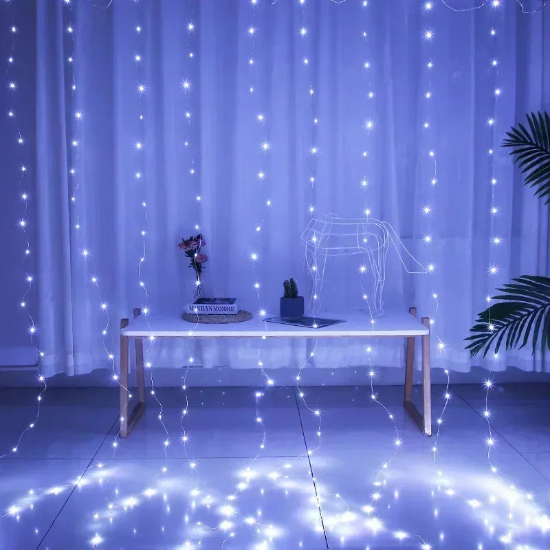Cortina luz led pisca ou fixa 300 leds 3x3m Natal Festas Decorações USB  (Branco frio)