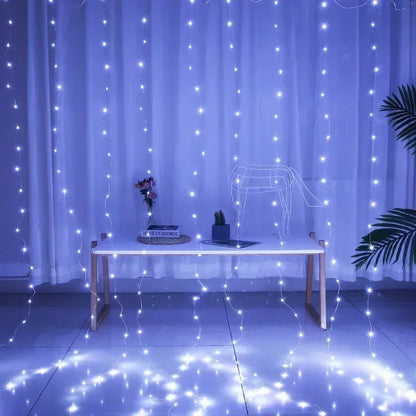 Cortina luz led pisca ou fixa 300 leds 3x3m Natal Festas Decorações USB  (Branco frio)