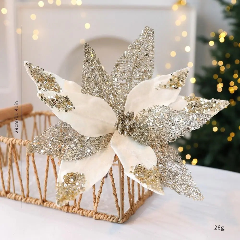 Flor Bico de Papagaio Natal Escolha Veludo Champanhe Glitter e Lantejoulas Luxo 29cm