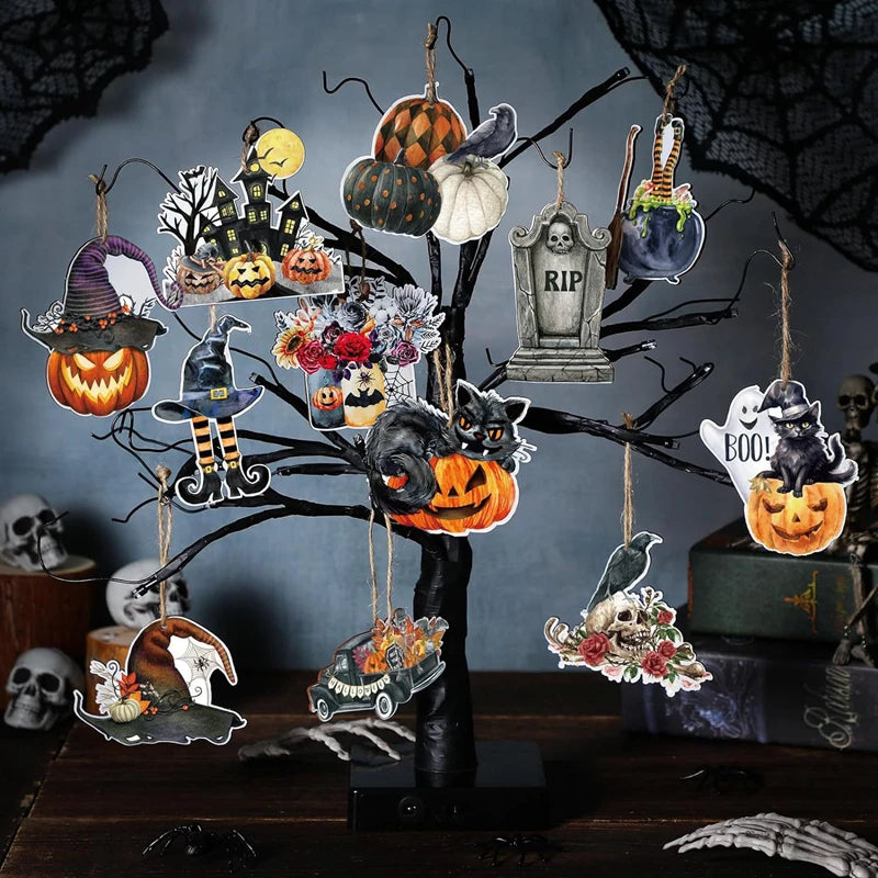 Pingente Teto Madeira Halloween 36 Enfeites de Madeira Árvore de Halloween Enfeites