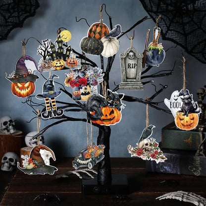 Pingente Teto Madeira Halloween 36 Enfeites de Madeira Árvore de Halloween Enfeites