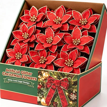 Flores Natal Glitter Artificial 10/100 peças de Enfeite de Árvore de Natal de Poinsétia Glitter