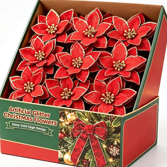Flores Natal Glitter Artificial 10/100 peças de Enfeite de Árvore de Natal de Poinsétia Glitter