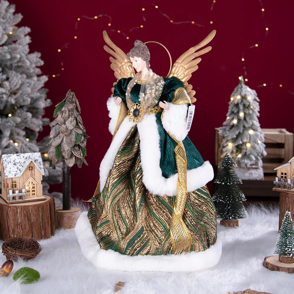 Enfeite de árvore de anjo de Natal asas douradas, elegante estatueta anjo vestido verde