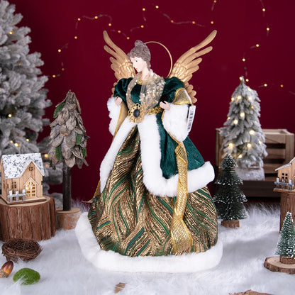 Enfeite de árvore de anjo de Natal asas douradas, elegante estatueta anjo vestido verde