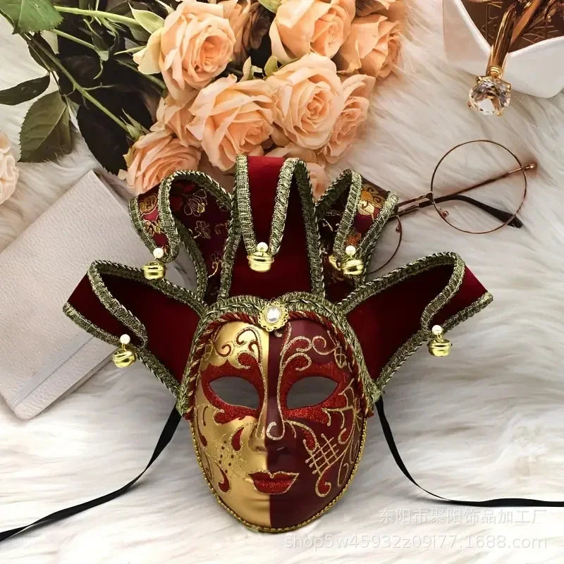 Máscara Veneziana de Bobo da Corte (Piada Divertida / Bobo da Corte) em Vermelho e Dourado